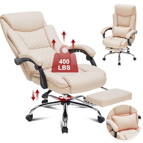 400lbs Reclining Executive Office Chair with Foot Rest,Big and Tall Ergonomic Office Chair with,Home Office Desk Chairs for Heavy People (Khaki)