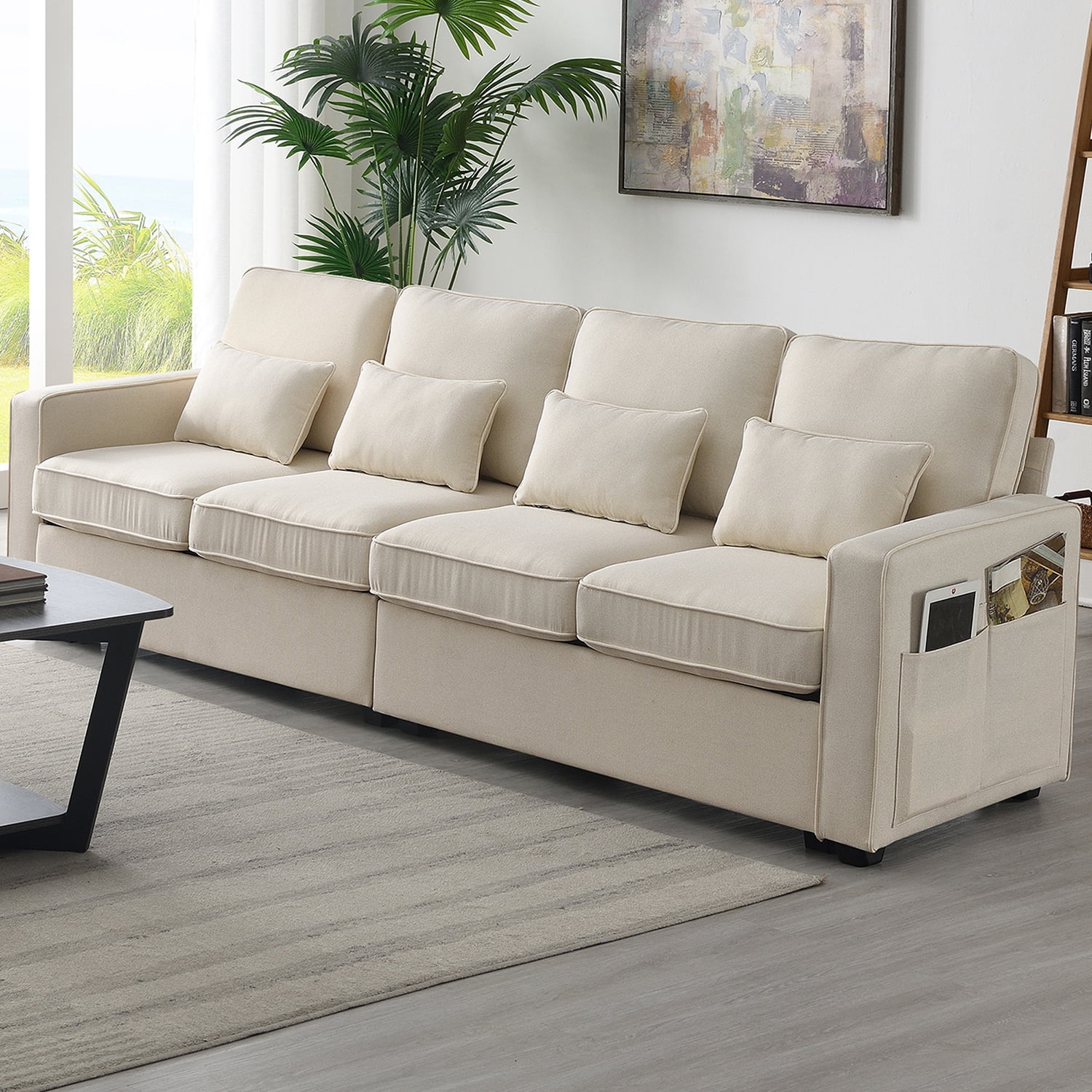 Churanty 4 Seater Sofa Linen Upholstered Couch with Armrest Pockets and 4 Pillows for Living Room,104" Beige