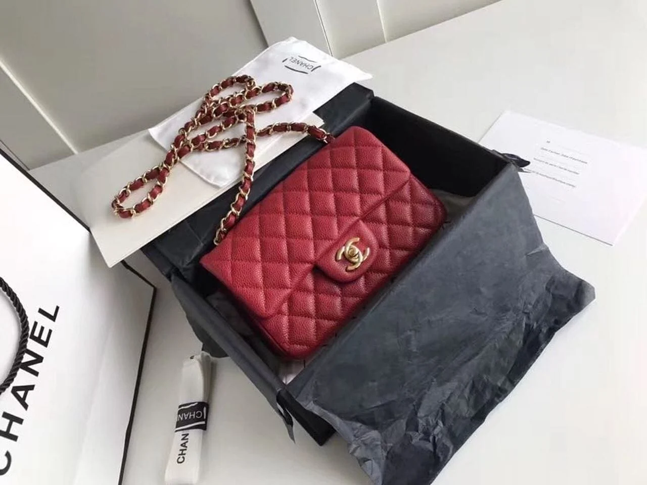 Chanel Classic Flap With Charm Chain With CC Details On Strap Bag Gold Hardware Lambskin Leather Spring/Summer Collection Red