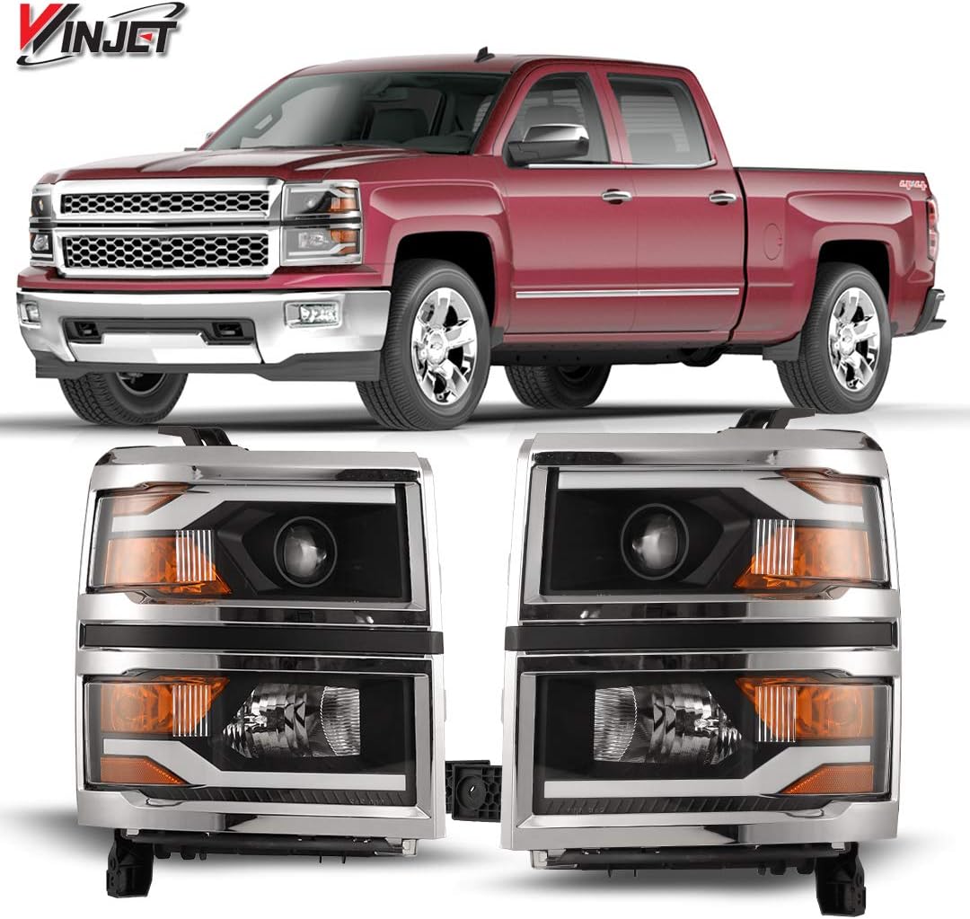 Winjet Compatible with [2014-2015 Chevrolet Silverado 1500] LED DRL Bar Projector Headlights, Black (WJ10-0382C-04)