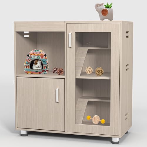 4-Tier Wooden Hamster Cage with Storage Cabinet, House for Rat Chinchilla, Openable Top, Acrylic Windows, Easy to Install, Waterproof