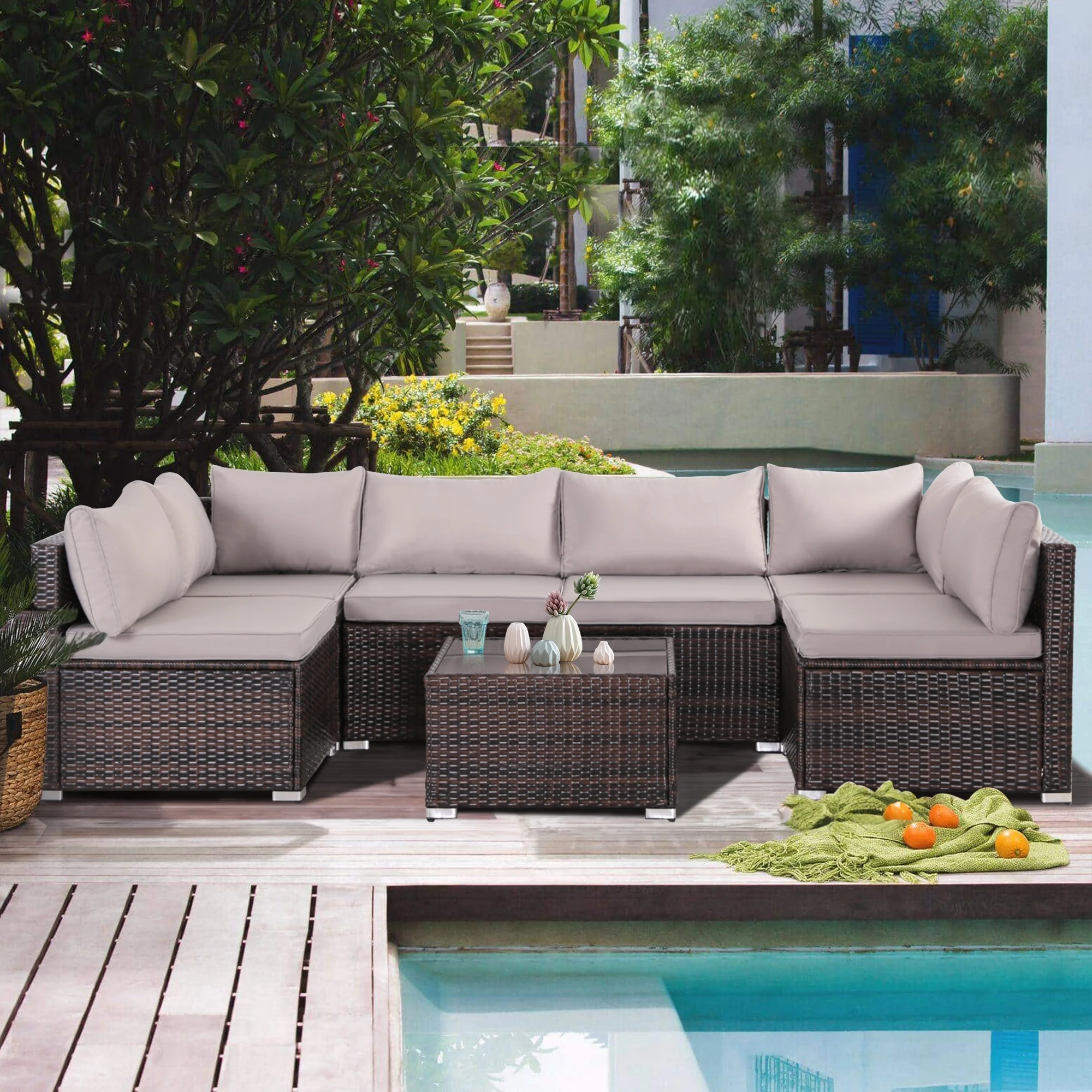 FHFO 7 Pieces Patio Furniture Set,Wicker Outdoor Conversation Set