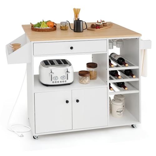 Rolling Kitchen Island with Drop Leaf & Power Outlet, Microwave Cart with Storage Cabinet, Drawer, Wine & Cup Holder, Spice & Towel Rack
