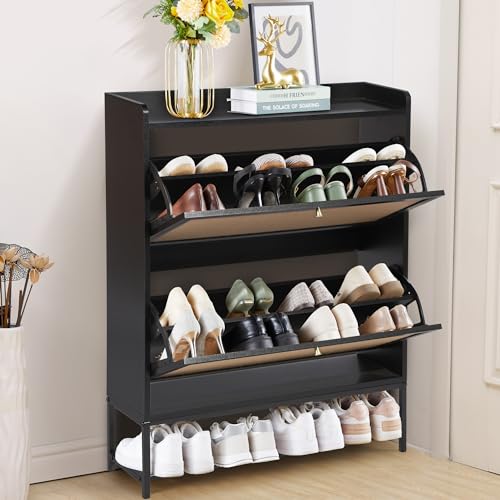 LEVNARY Shoe Cabinet Set of 2, Wooden Narrow Shoe Racks Cabinet Storage with 2 Flip Drawers, Hidden Freestanding Shoe Organizer for Hallway, Entryway