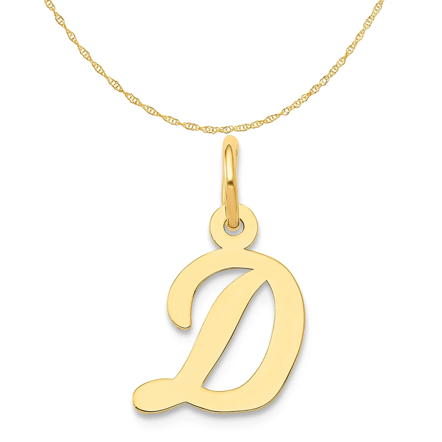 Carat in Karats 14K Yellow Gold Small Script Letter D Initial Pendant Charm (13.2mm x 10.38mm) With 10K Yellow Gold Lightweight Rope Chain Necklace