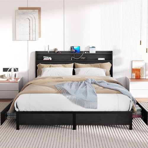 EVASTAR Queen Bed Frame with Storage Headboard and 4 Drawers, Metal Platform Bed Frame with Charging Station, Easy Assembly, Black