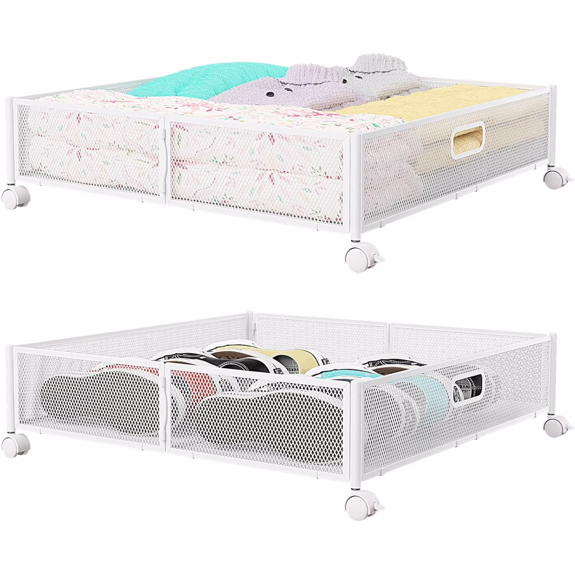 Under Bed Storage Containers with Wheels - Shoe Storage Organizer Drawer, Tool-free Assembly Metal Underbed Storage Containers for Bedroom Clothes
