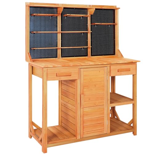 Outdoor Garden Potting Bench, Horticultural Wooden Workstation Table with Storage Drawer, Cabinet, Metal Pegboard