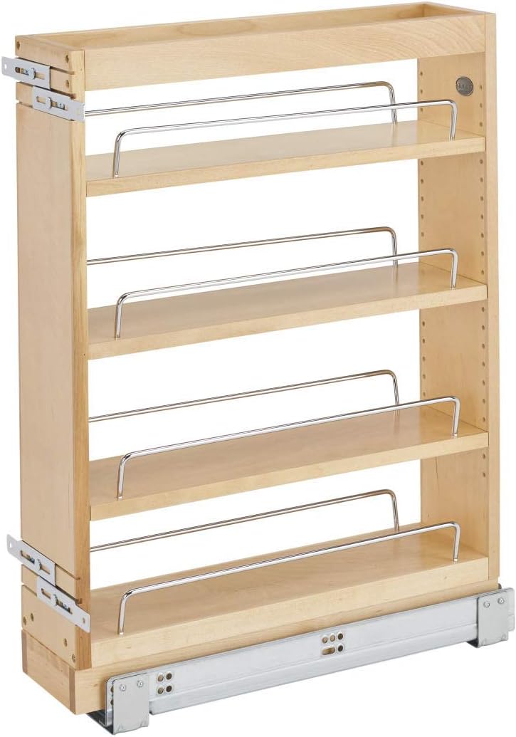 Rev-A-Shelf 448-BC19-5C 5 Inch x 19 Inch Pull Out Wood Base Kitchen Cabinet Organizer with 3 Adjustable Shelves, Natural Maple Wood