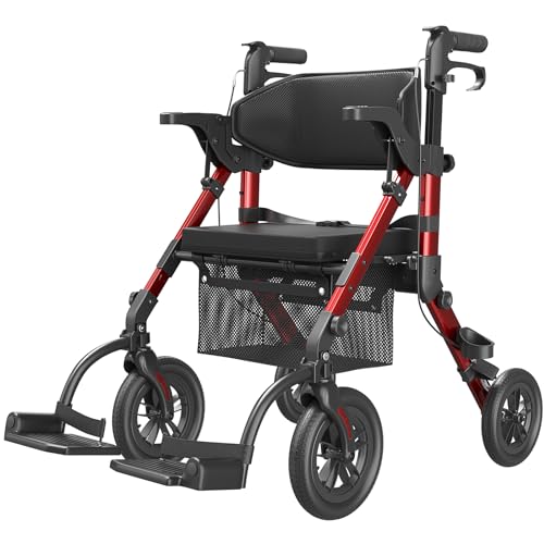 Walkers for Seniors, Rollator Walker with Seat, Transport Wheelchair Lightweight Foldable, Adult Rolling Walker, Rollator Transport Chair with Brakes