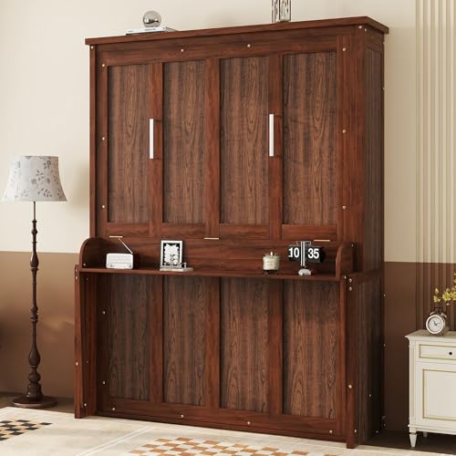 KEIKI Queen Size Murphy Bed with Desk, Horizontal Wood Wall Bed Cabinet with Gas Struts, Space-Saving Folding Bed for Bedroom, Living Room