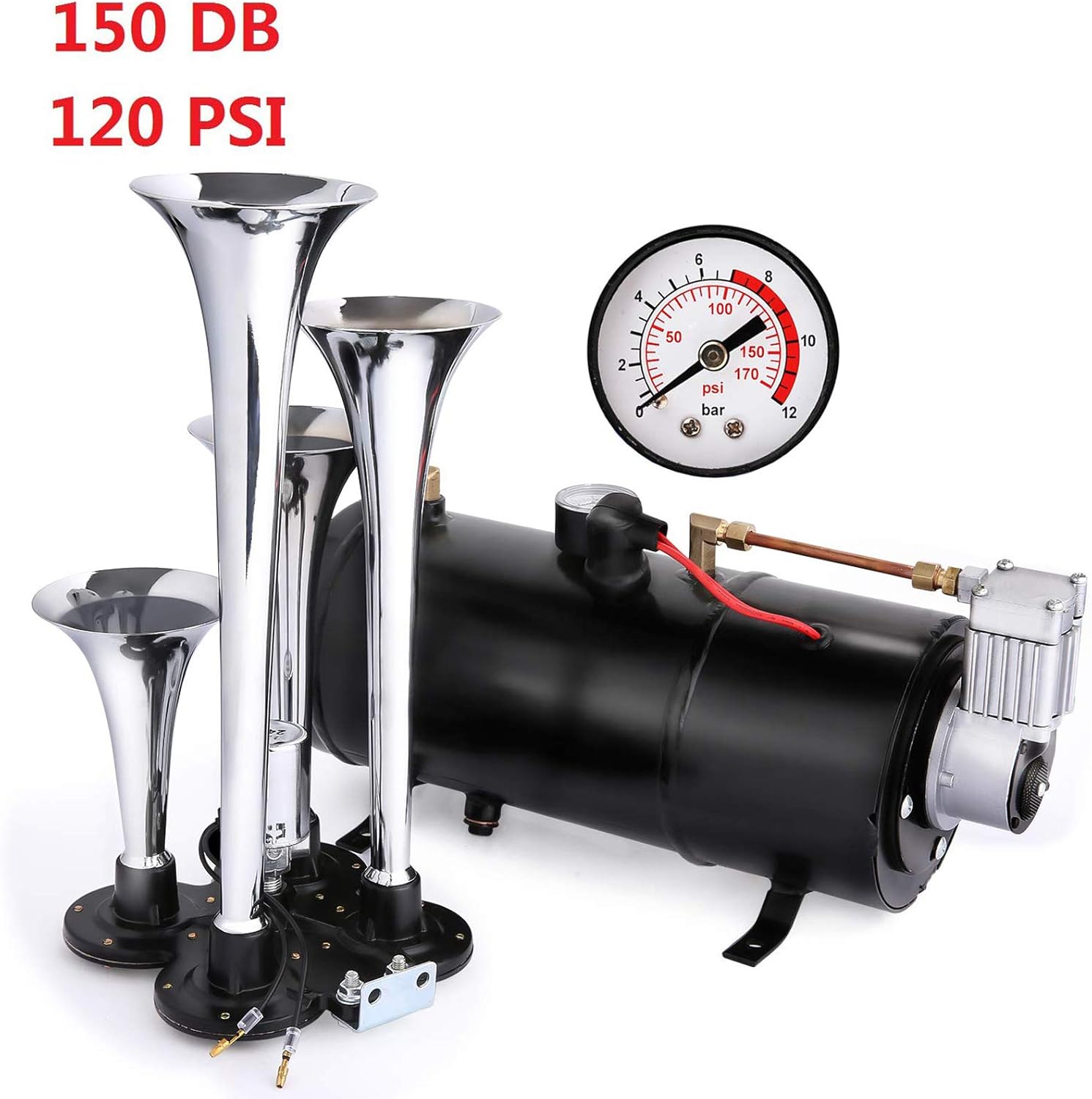 Hurbo 150DB Super Loud Train Horns kit for Trucks, 4 Air Horn Trumpet for Car Truck Train Van Boat, with 120 PSI 12V Compressor and Gauge (Black)
