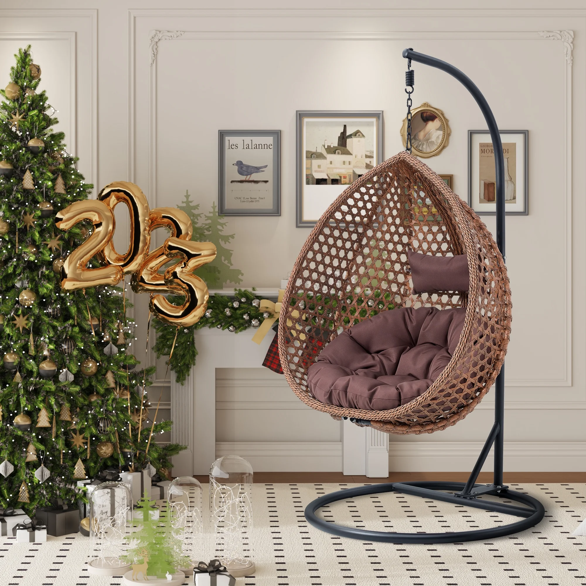 Sudica Egg Swing Chair with Stand Patio Soft Cushion Rattan Wicker Hanging Egg Chair for Bedroom, Garden 350lbs Capacity, Brown - Radiant Selections