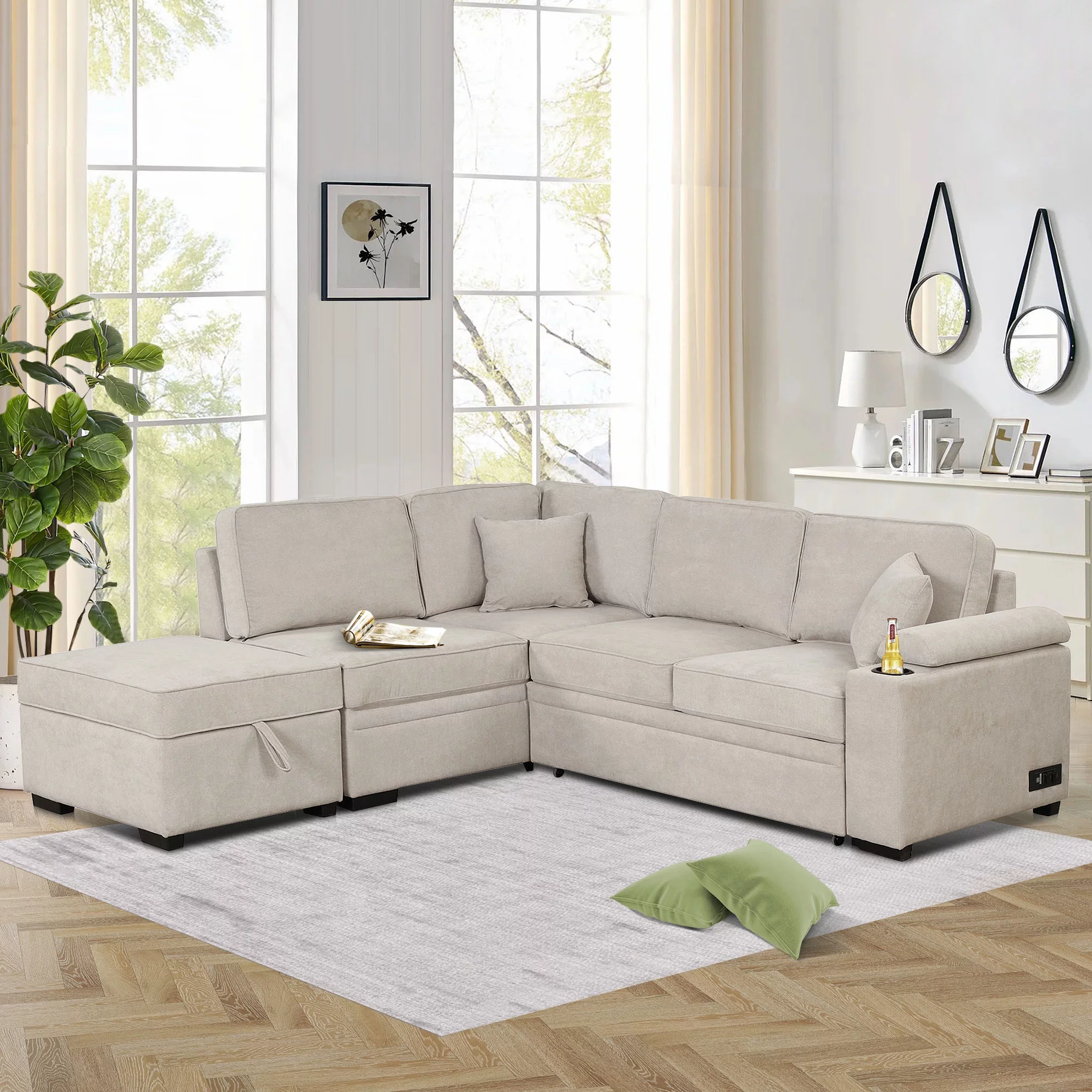 Euroco Sleeper Sofa Bed 5 Seat, Pull Out Sofa Bed with USB Ports L Shape Couch with Storage Ottoman for Living Room Bedroom, Beige