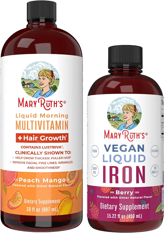 MaryRuth's MaryRuth's Liquid Morning Multivitamin +Hair Growth (Peach Mango, 30oz) & Iron Liquid (Berry) | Clean Label Project Verified® | Beauty