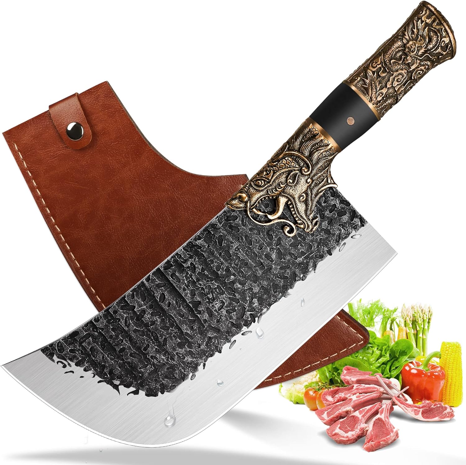 Meat Cleaver Butcher Knife Bone Cleaver Knife Heavy Duty Bone Chopper Butcher Bone Knife High Carbon Steel Bone Knife with a Sheath for Kitchen