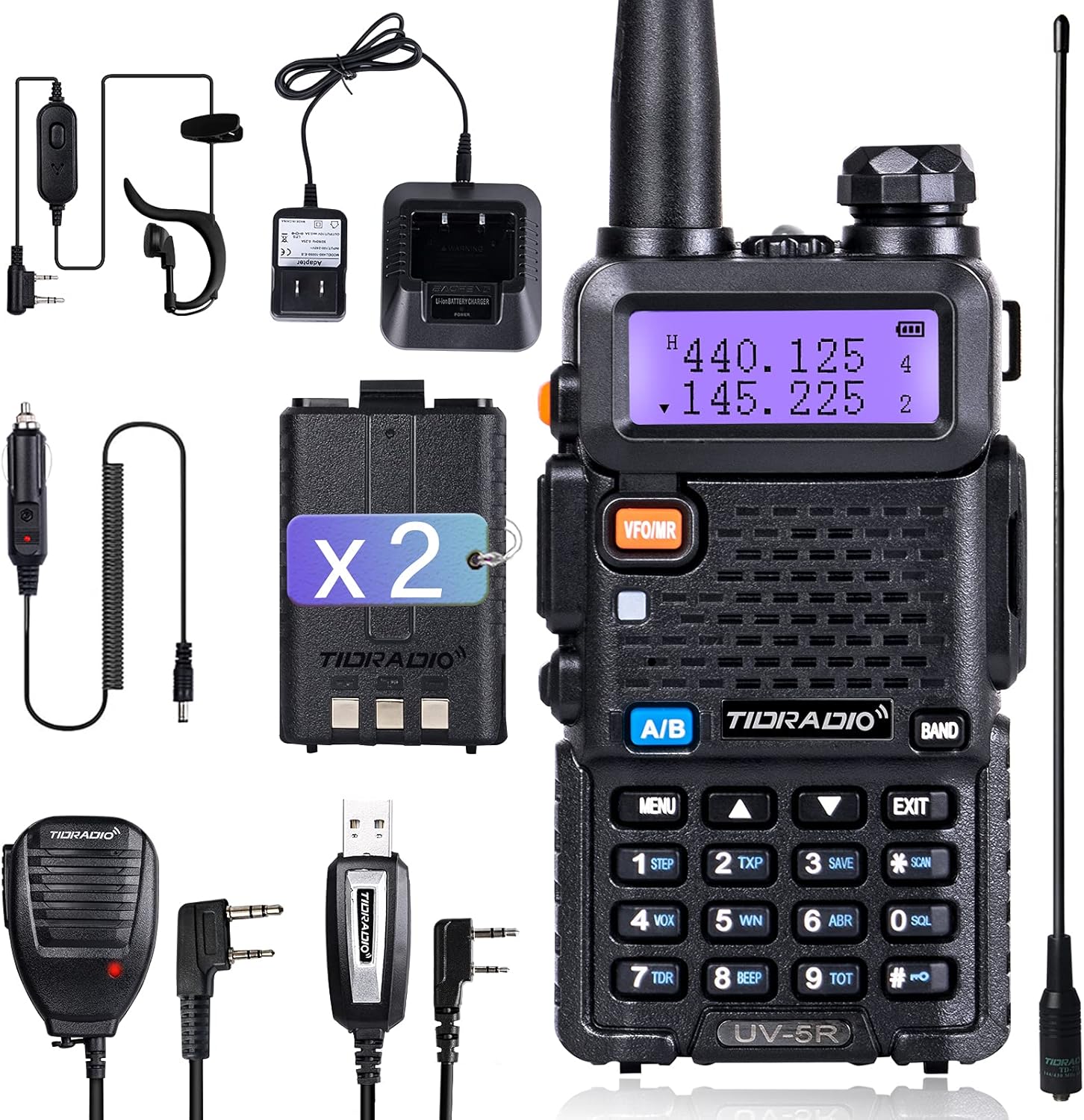 TIDRADIO UV-5R Ham Radio Handheld 144-148/420-450Mhz with Double Battery Earpiece Car Charger Hand Mic and Programming Cable Full Kit Pack of 2
