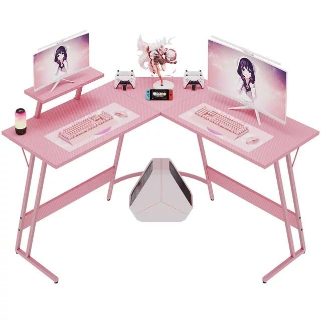 L Shaped Gaming Desk, 47 Inch Computer Corner Table with Large Monitor Stand & Carbon Fiber Surface for Home Office Study Writing Workstation, Pink
