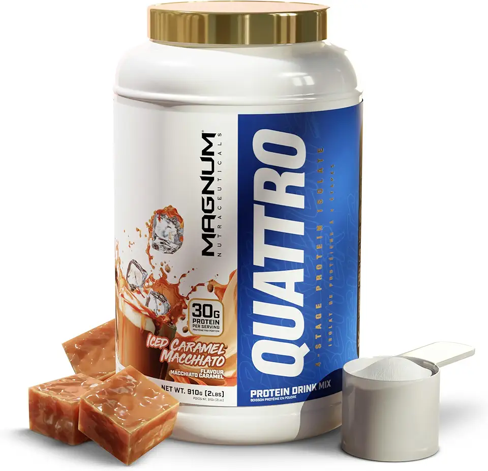 Magnum Nutraceuticals Quattro Whey Protein Powder, Caramel Macchiato 2lb – Premium Protein Isolate Blend for Muscle Growth & Recovery