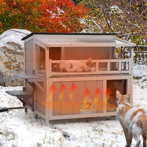 Outdoor Cat House, 2-Tier Warm Wood Cat Shelter with Sunlight Roof, Balcony, Jumping Platforms, Kitty Pet Porch Enclosure, Weatherproof, Openable