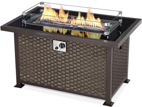 U-MAX 44in Outdoor Propane Gas Fire Pit Table, 50,000 BTU Auto-Ignition Gas Firepit with Glass Wind Guard