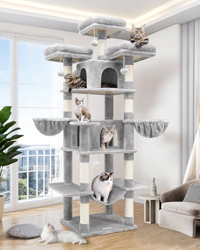 Globlazer Big Cat Tower for Indoor Cats, 80inch Cat Tower for Multiple Adult Cats XXL Cat Tree with Scratching Post, Hammock, 3 Perches, 2 Condos