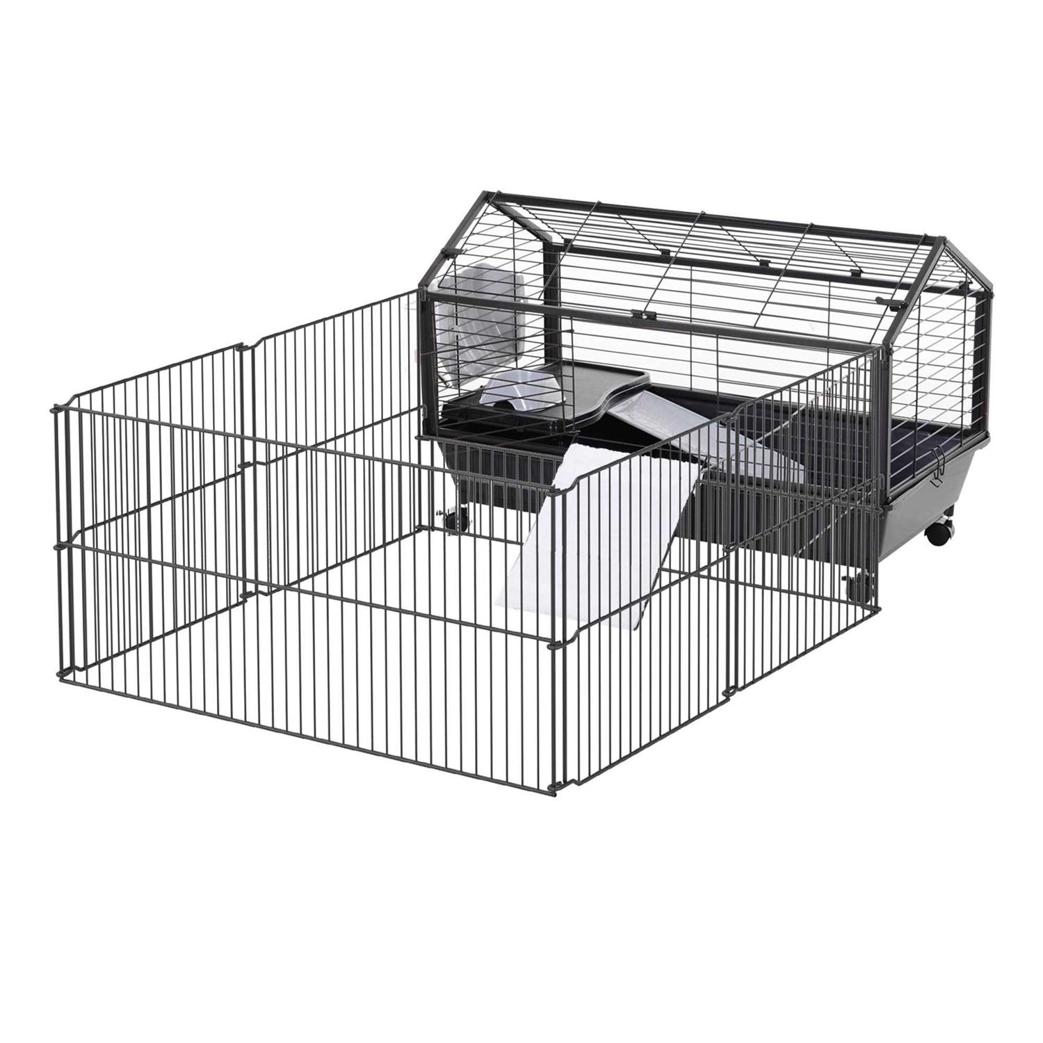 PawHut Rolling Metal Rabbit Guinea Pig or Small Animal Hutch Cage with Main House and Run - Pet Supplies online store