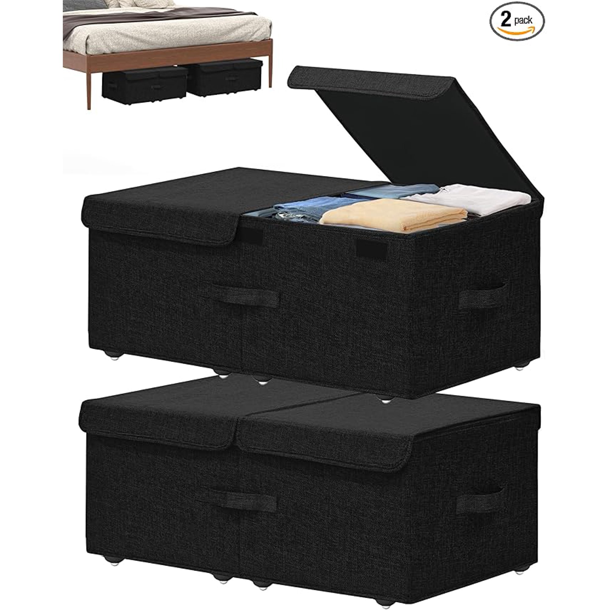 Under Bed Storage Container with Wheels, 2 Pack 10 High Deep Underbed Rolling Box Storage Bins Drawers with Lids for Bedroom, Dorms, Clothes, Shoes