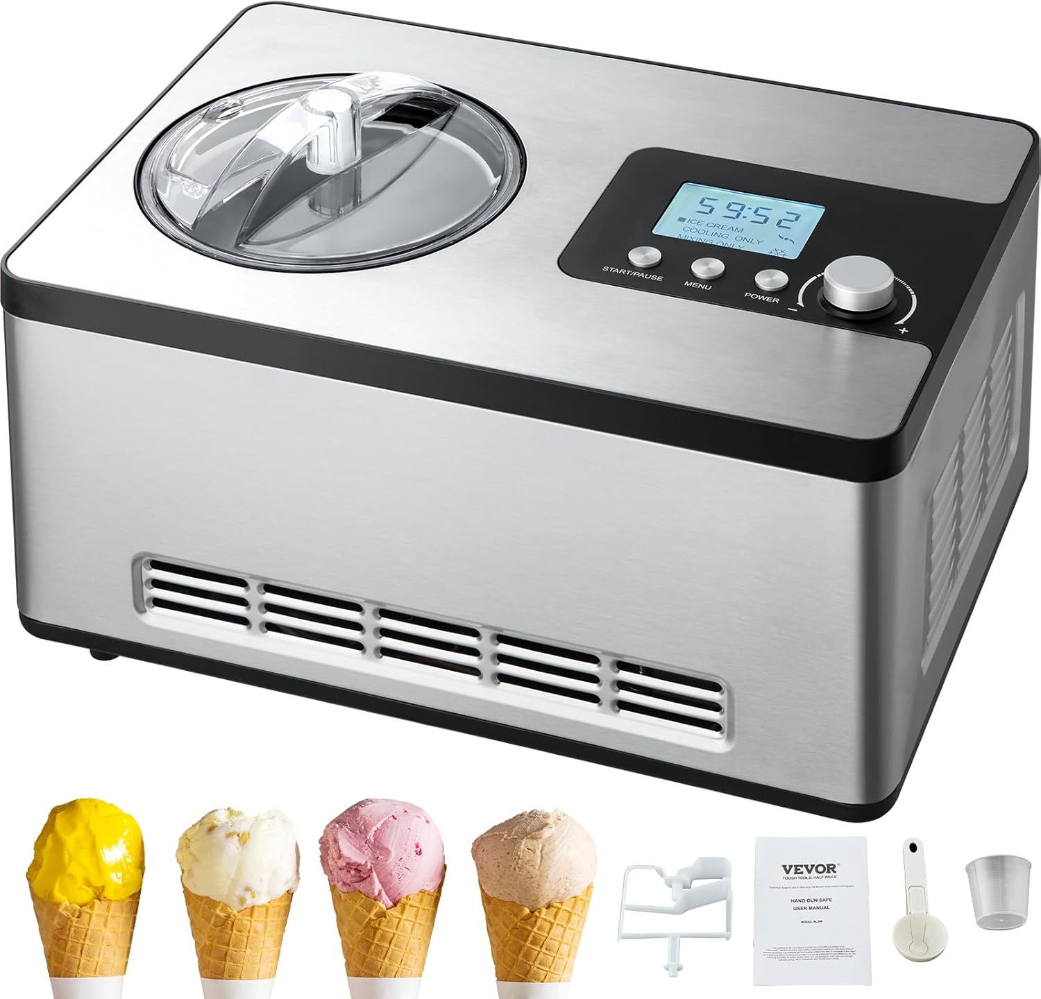 VEVOR Automatic Ice Cream Maker with Built-in Compressor, 2 Quart No Pre-freezing Fruit Yogurt Machine, Stainless Steel Electric Sorbet Maker
