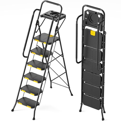 KINGRACK 6 Step Ladder with Tool Platform, Folding Step Stool with Handrails, Sturdy Steel Ladder with Wide Pedal