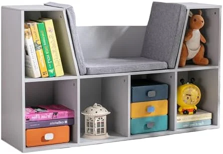 NLIBOOMLife 6-Cubby  Bookcase with Reading Nook and Cushion  Multi-Purpose  Organizer for Bedroom  Living Room  Pure White