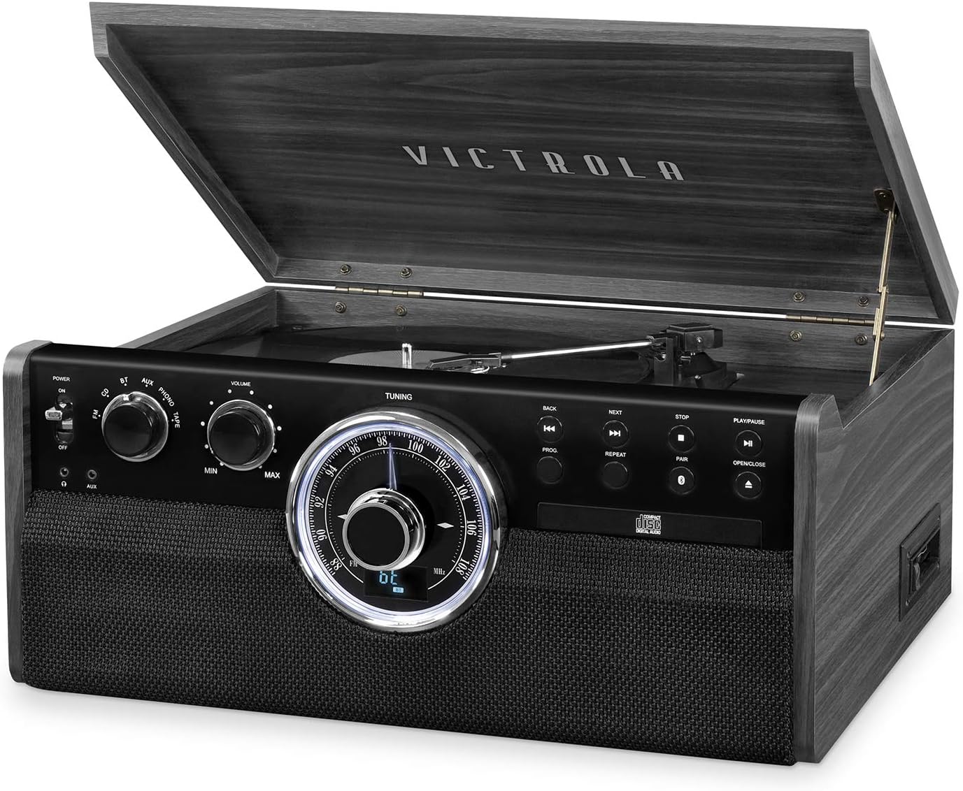Victrola 6-in-1 Wood Bluetooth Mid Century Record Player with 3-Speed Turntable, CD, Cassette Player and Radio
