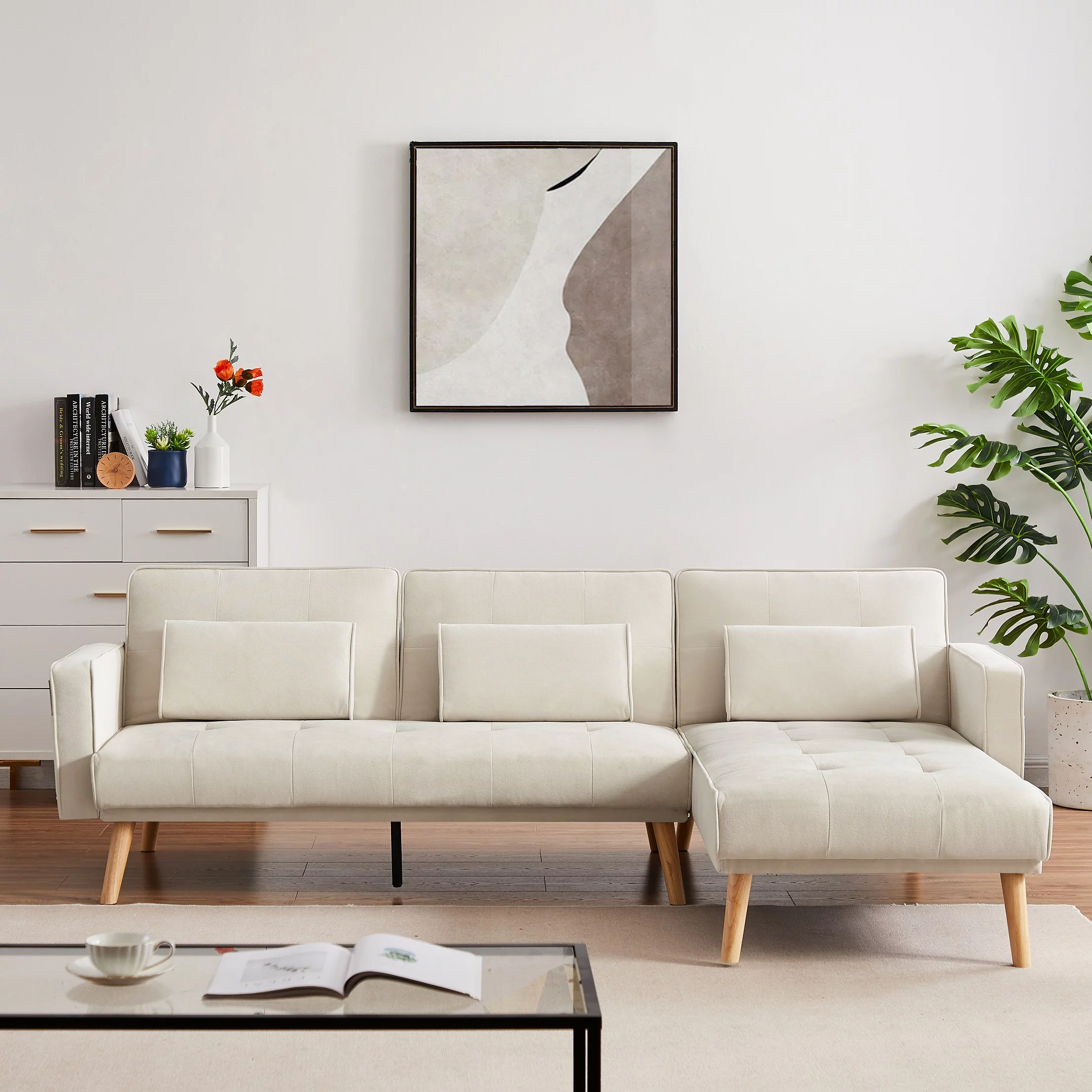 Momspeace Convertible Sectional Sofa Upholstered Sleeper Sofa Couch Bed with Left Chaise L-shaped Corner&nbsp;Sofa Chair for Living Room - Dark Beige