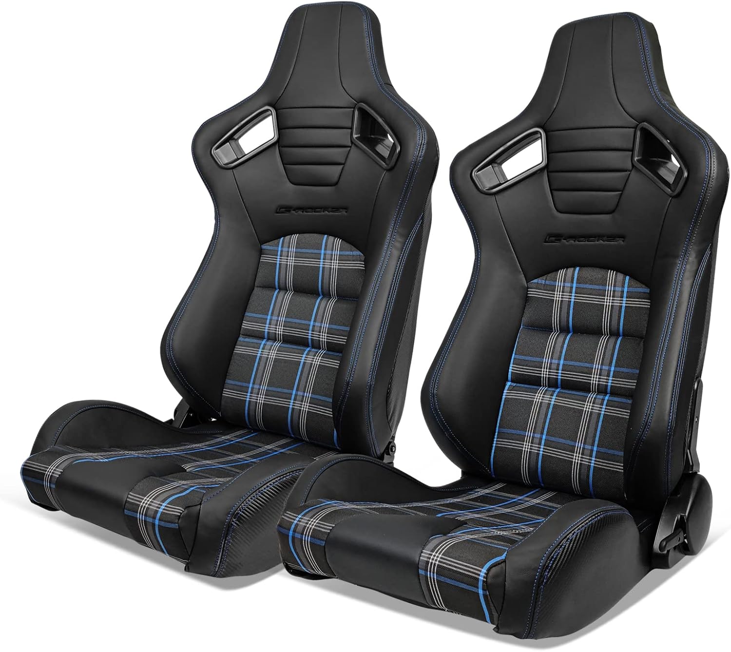 IKON MOTORSPORTS, Universal Racing Seats Pair with Dual Sliders, PU & Red Plaid Fabric & Carbon Leather Reclinable Left Right