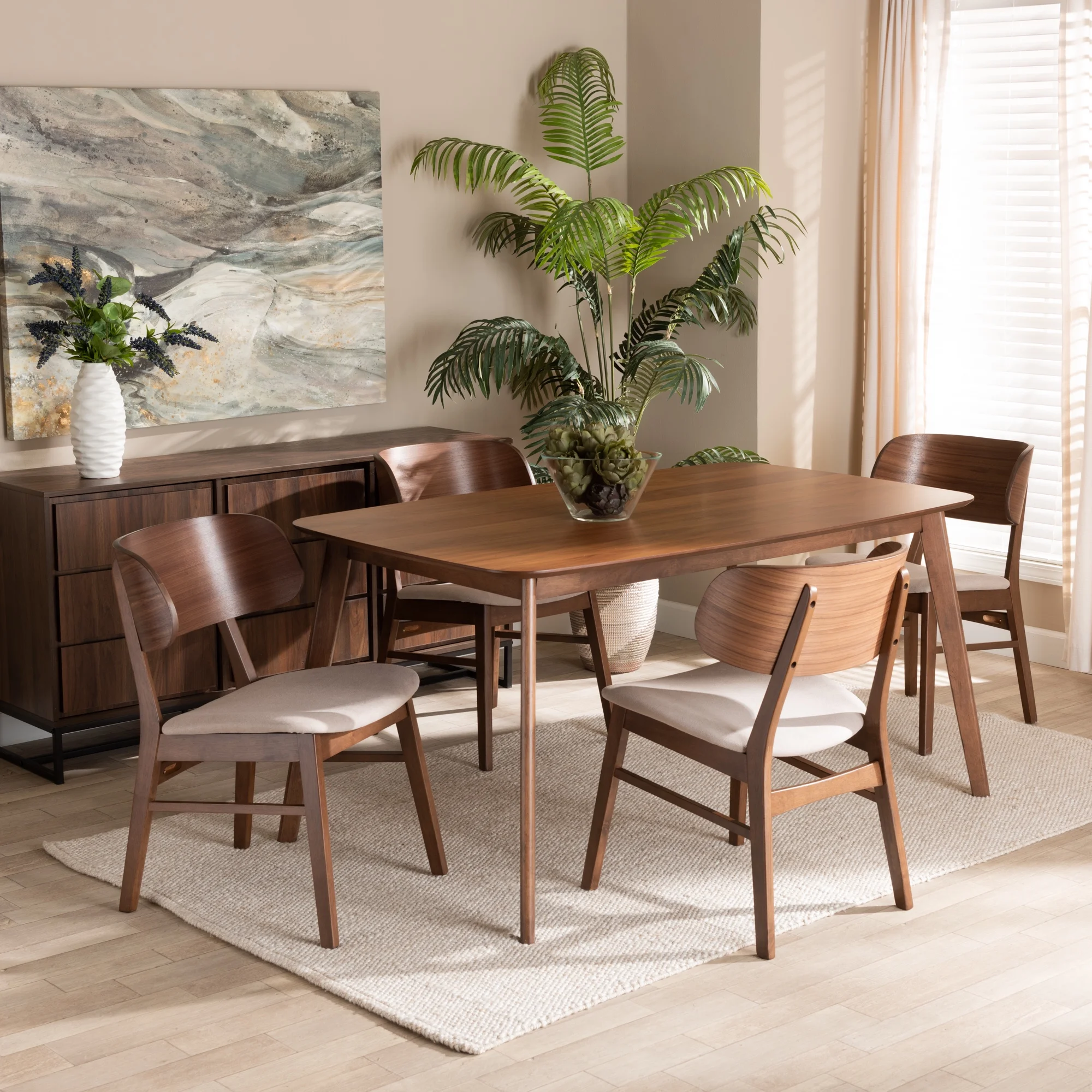 Baxton Studio Alston Mid-Century Modern Beige Fabric Upholstered and Walnut Brown Finished Wood 5-Piece Dining Set