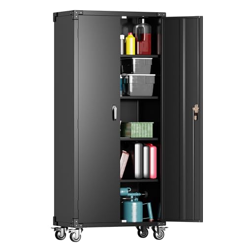 Metal Storage Cabinet with Wheels, 71" Tall Garage Storage Cabinet with 5 Tier Shelves and Locking Doors