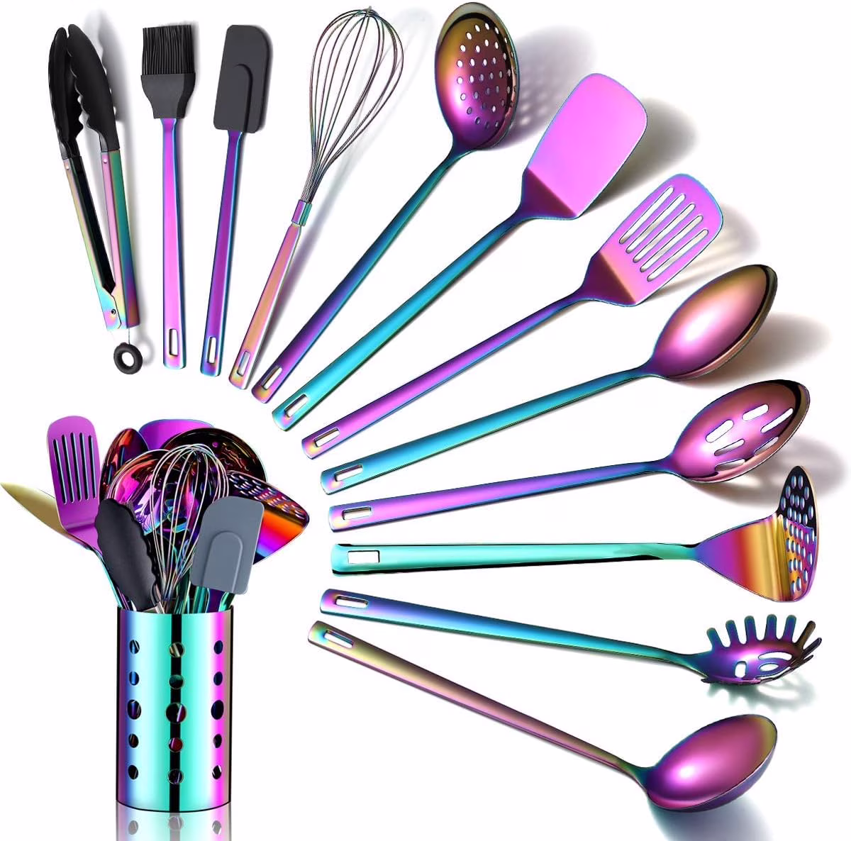 Rainbow Kitchen Utensil Set, 13-Piece Stainless Steel Cookware Set, Titanium Rainbow Plating, Kitchen Tool Set with Cutlery Holder