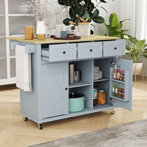 Kitchen Cart on Wheels with Drop Leaf,Rolling Kitchen Island with Storage Cabinet and 3 Drawers,Spice Rack,Towel Rack,Island Table for Kitchen