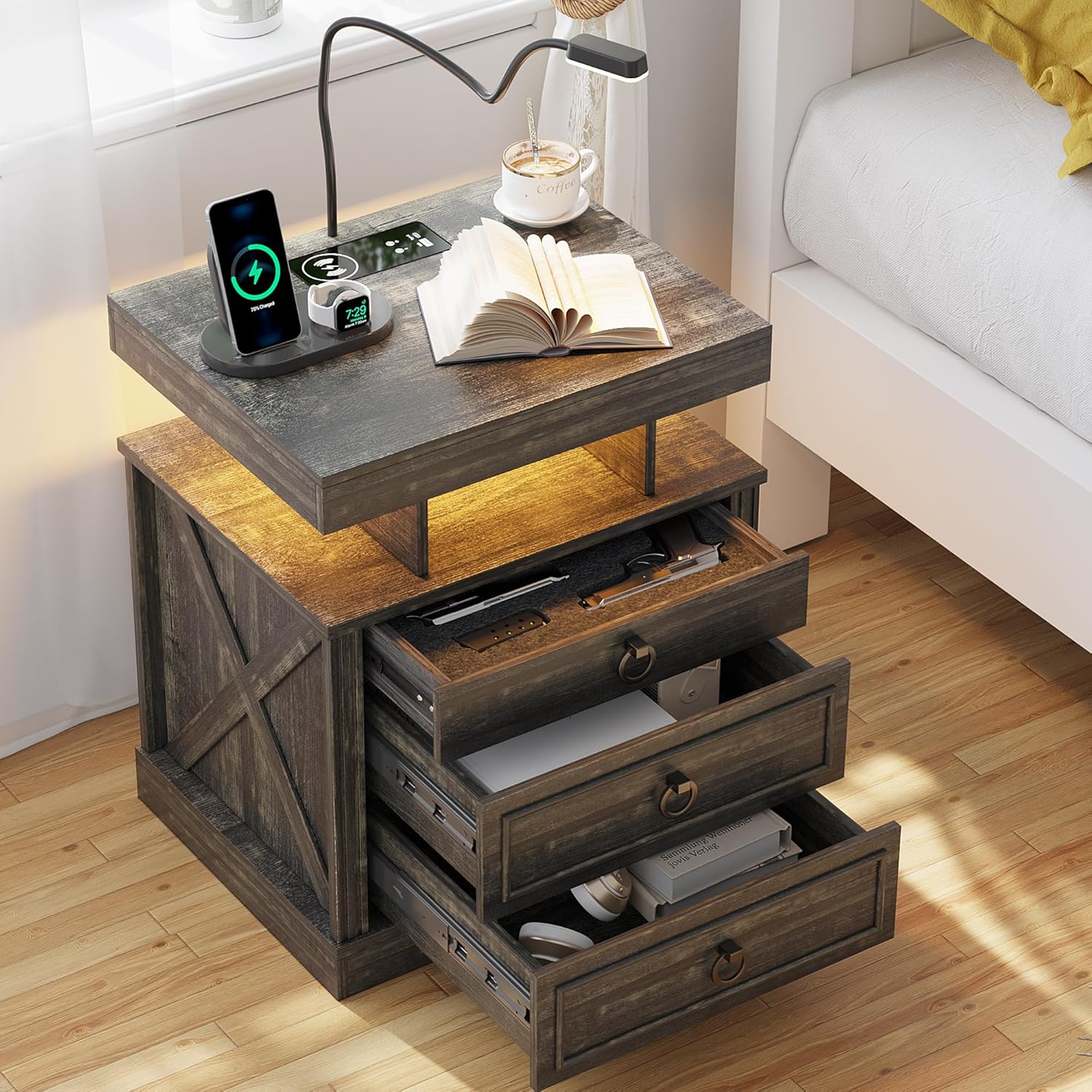 HNEBC Nightstand Side Table with Gun Case,Night Stand with Wireless Charging Station, Farmhouse Bedside Table with 2 Drawers