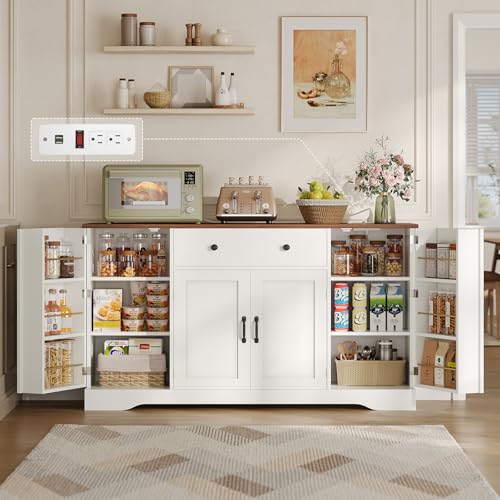 Buffet Cabinet with Storage & Charging Station, 53" Farmhouse Coffee Cabinet with Compartment Drawer