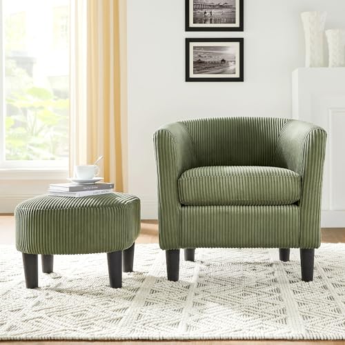 Accent Chair with Ottoman, Modern Barrel Comfy Corduroy Fabric Armchair and Footrest Set