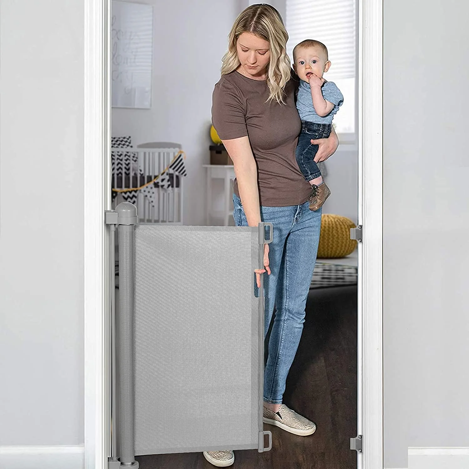 Retractable Baby Gate, Extra Wide Safety Kids or Pets Gate, 33” Tall, Extends to 55” Wide, Mesh Safety Dog Gate for Stairs, Indoor, Outdoor, Doorways