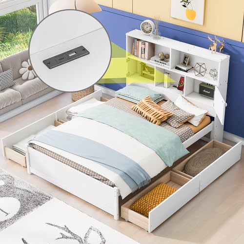 Bellemave Captain beds with Storage, Full Size Storage Bed with 4 Drawers and Storage headboard, Full Size Bed with Bookcase and USB