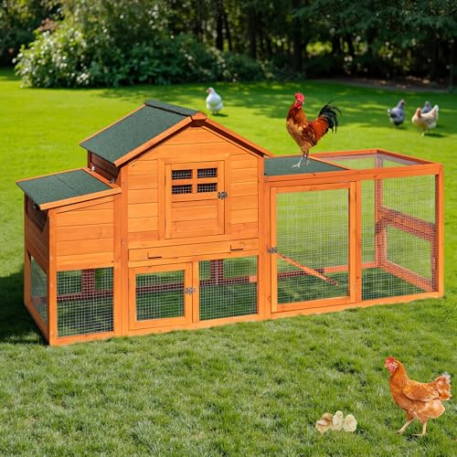GARWOOD Large Wooden Chicken Coop Outdoor Big Hen House Poultry Pet Duck Hutch with Run Cage Nesting Box Waterproof Asphalt Roof Ramp Removable Tray