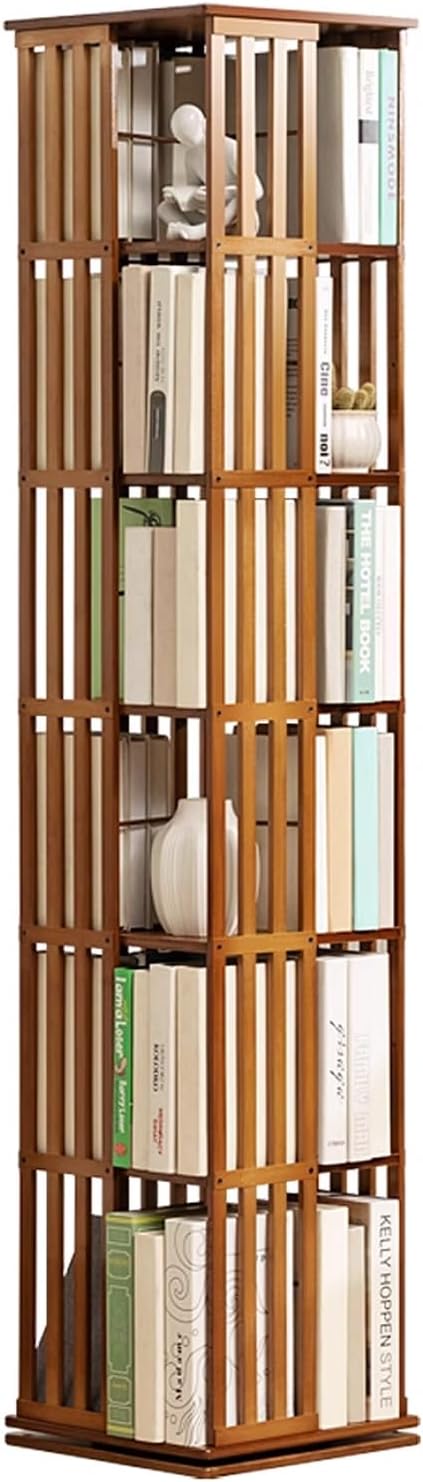 Bamboo 360 Rotating Bookshelf, 6 Tier Floor Standing Bookcase Storage Shelves, Removable Divider, for Home Office Living Room Study