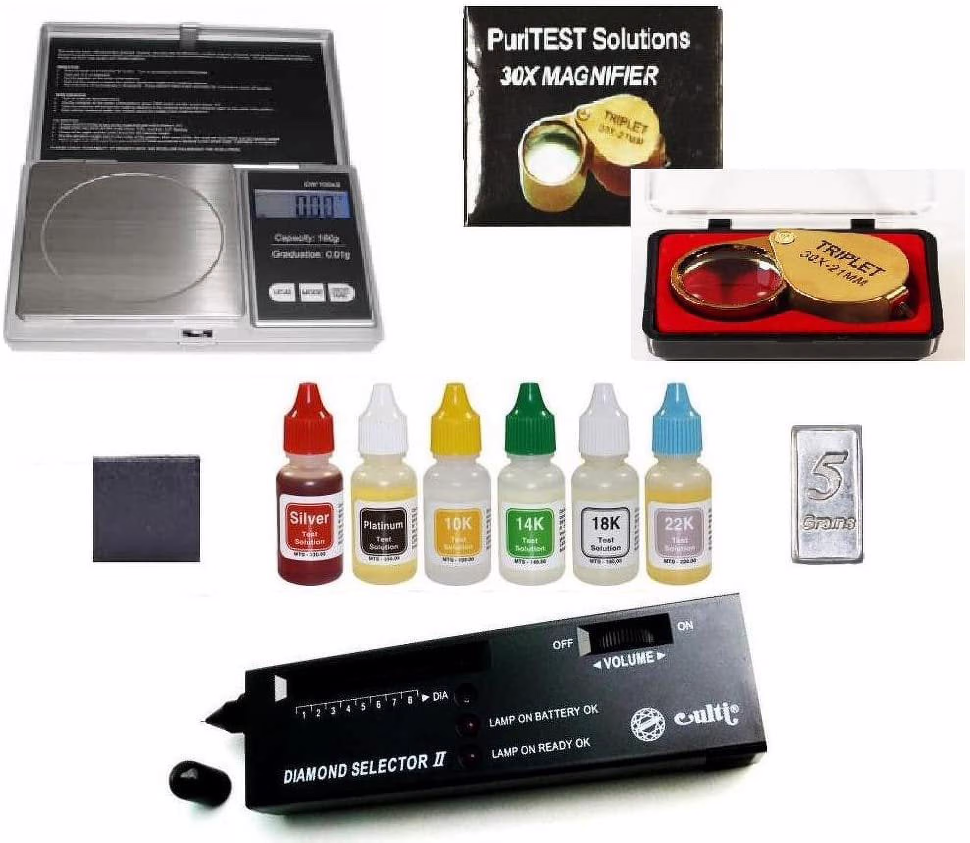PuriTest Gold Silver Platinum Test Acids with Diamond Tester, Digital Scale, FREE Solid Silver Bar and More