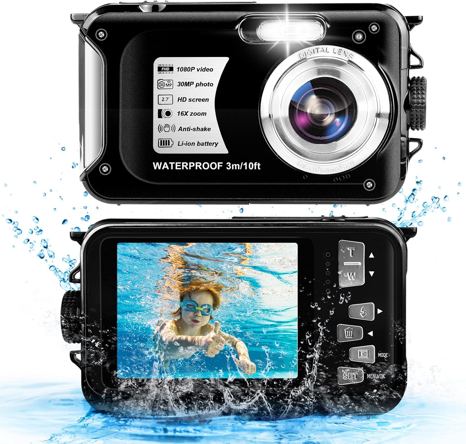 Waterproof Camera 10FT Underwater Camera 30MP 1080P HD Video Resolution 16X Zoom Waterproof Digital Camera for Snorkeling,Vacation(Blue)