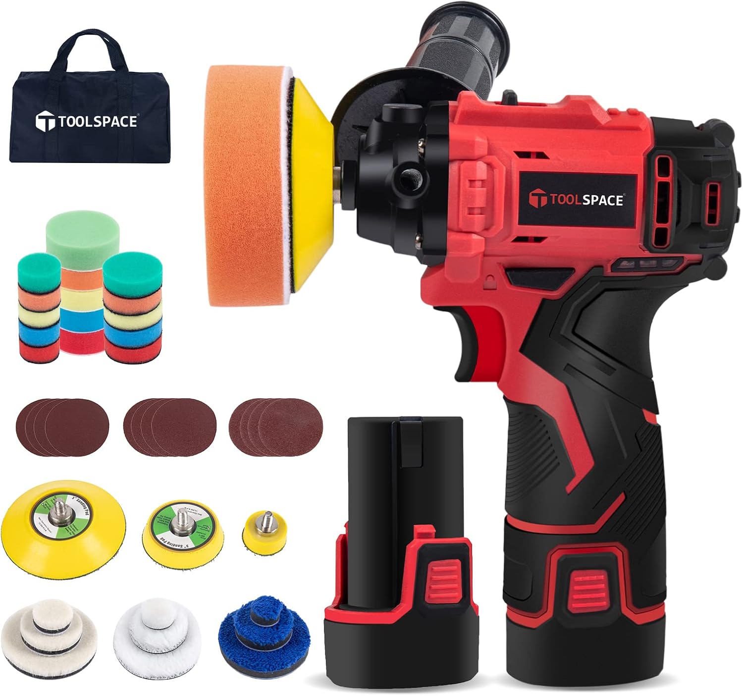 TOOLSPACE 46pcs Cordless Car Buffer Polisher Kit 12V 7800RPM with 2 x 2.0Ah Li-ion Batteries