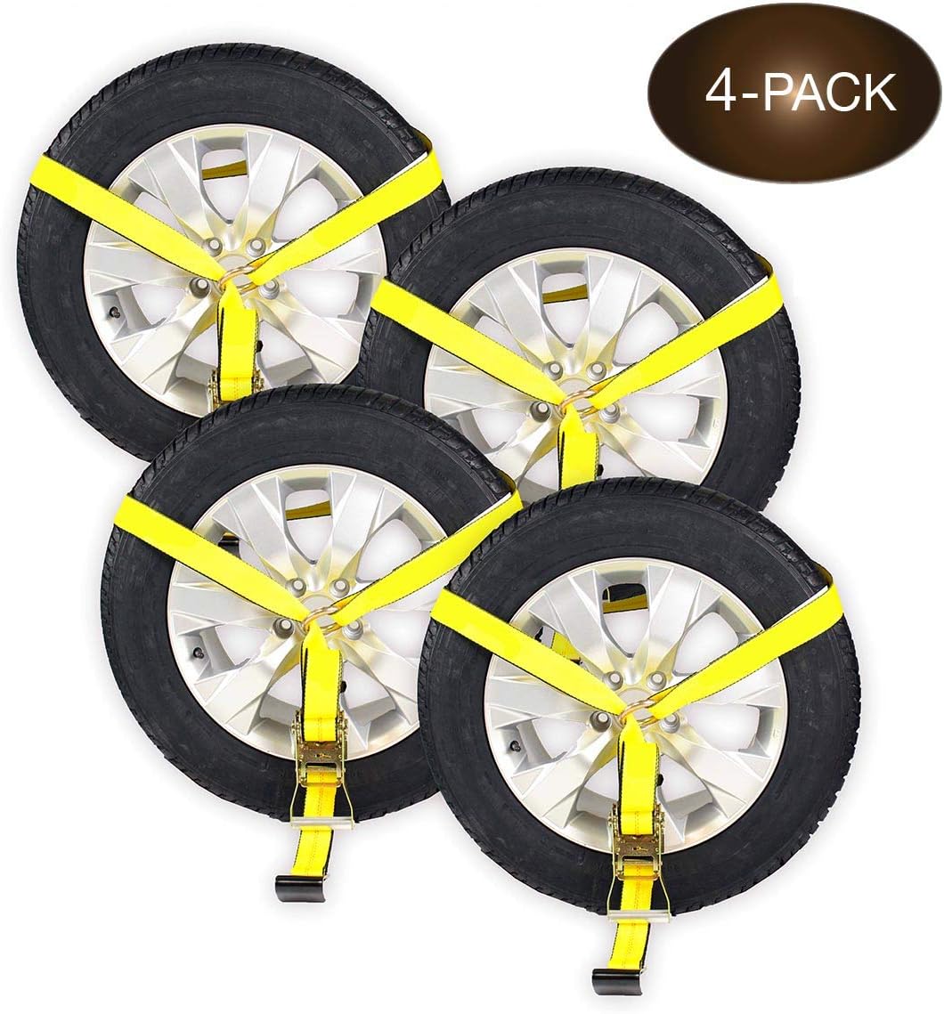DC Cargo Mall 4 Side Mount Wheel Nets with Flat Hook and Ratchet | 4 Pack Car Wheel Lasso Straps for Auto Hauling