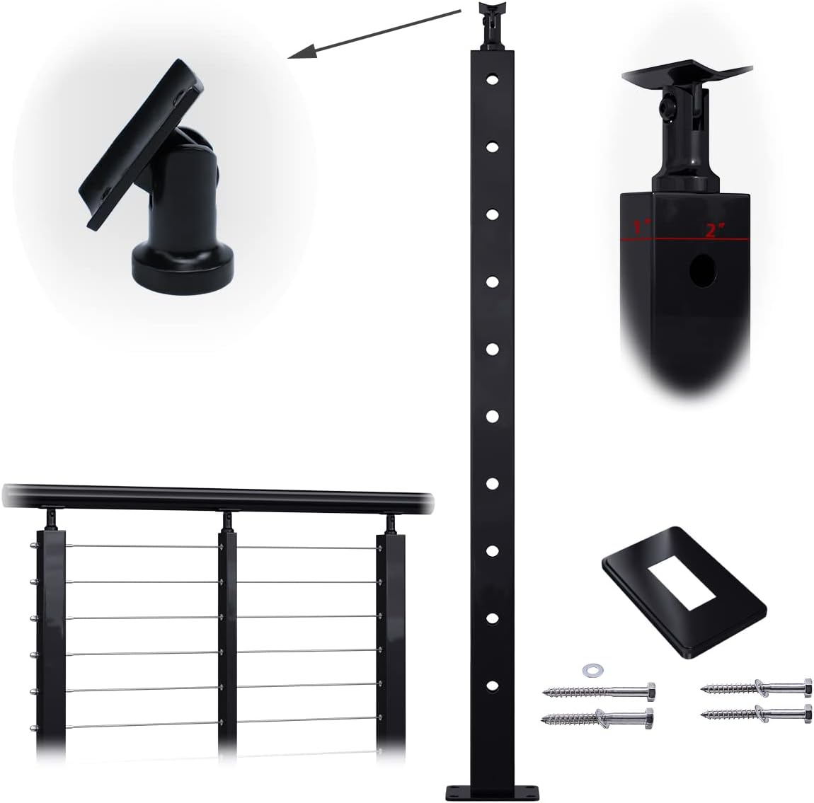 Muzata Cable Railing Post Intermediate Stabilizer 36"x1"x2" Stainless Steel Black Finishing Un-drilled Post Surface Mount for Wood Concrete Level